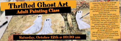 image of an old oil painting that an artist is adding cartoon ghosts to, along with dates and times of this program