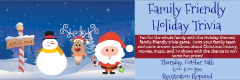 Cartoon Santa, Snowman, and Reindeer at the North Pole with information about this program