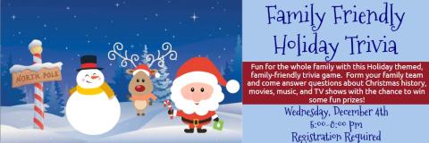 Cartoon snowman, reindeer, and Santa, along with information on this program