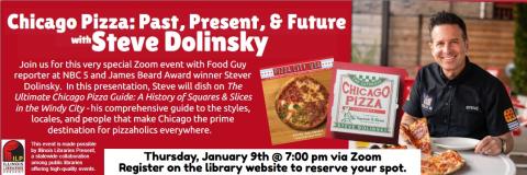 Food reporter, Steve Dolinsky, eating a pizza - along with information about this program