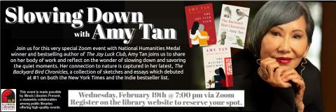 A picture of author Amy Tan and information about this Zoom program