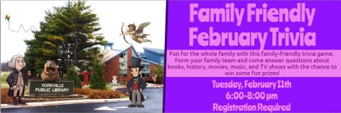 Picture of the library with a bunch of February themed mascots gathered in the yard along with details about this program.