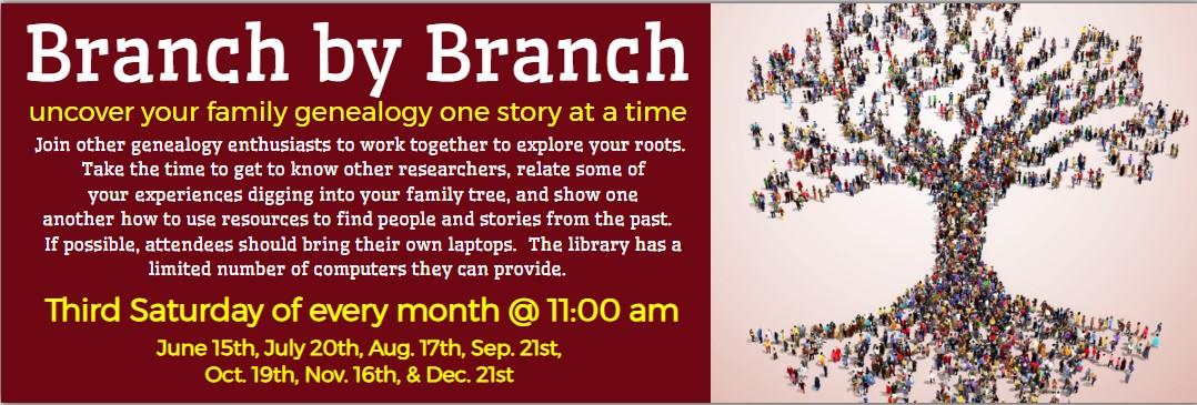 Graphic of a family tree with information about the library's genealogy workshop program.