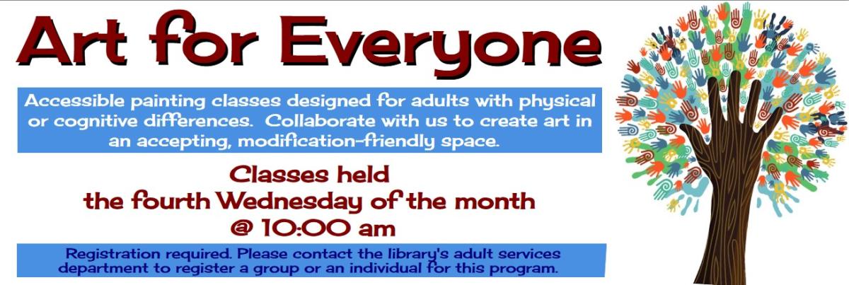 A cartoon tree made of different hand prints, along with information about this program