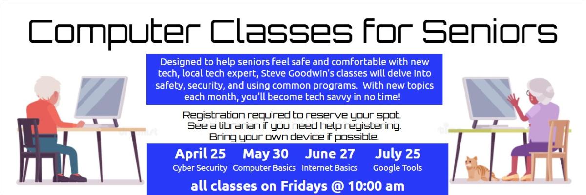 Cartoon senior man and woman at computers with information about this program.