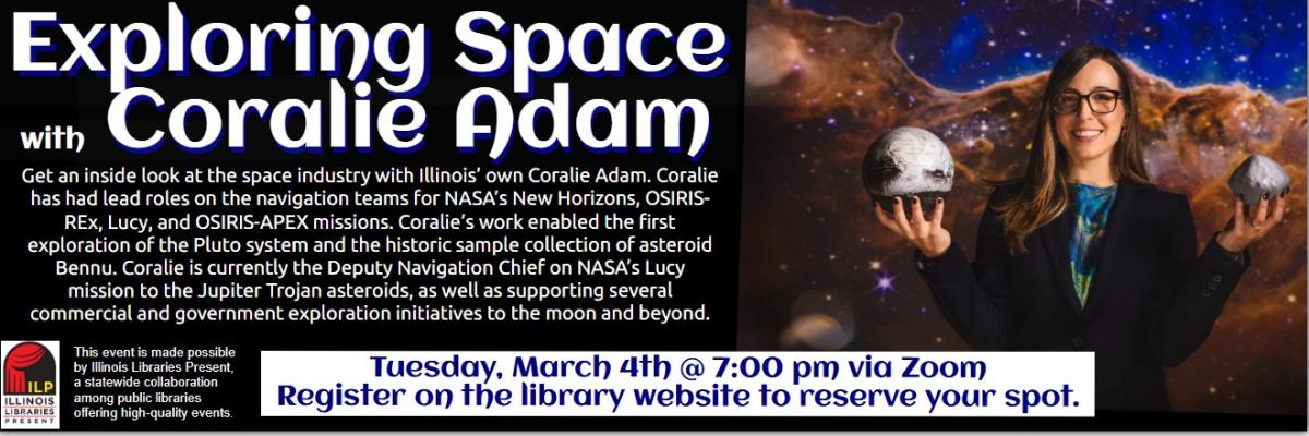 Picture of Coralie Adam with a space background and all the information about this program