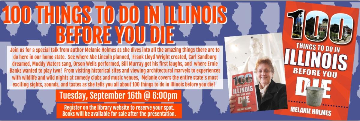 Picture of author Melanie Holmes and her book, along with information about this program