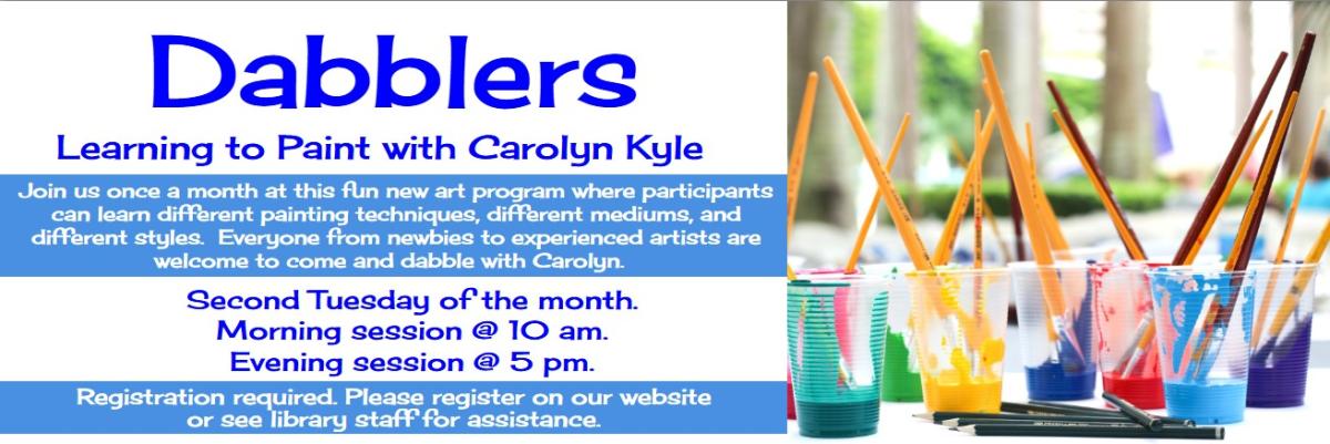 Picture of a bunch of paint brushes in cups, along with information about this program