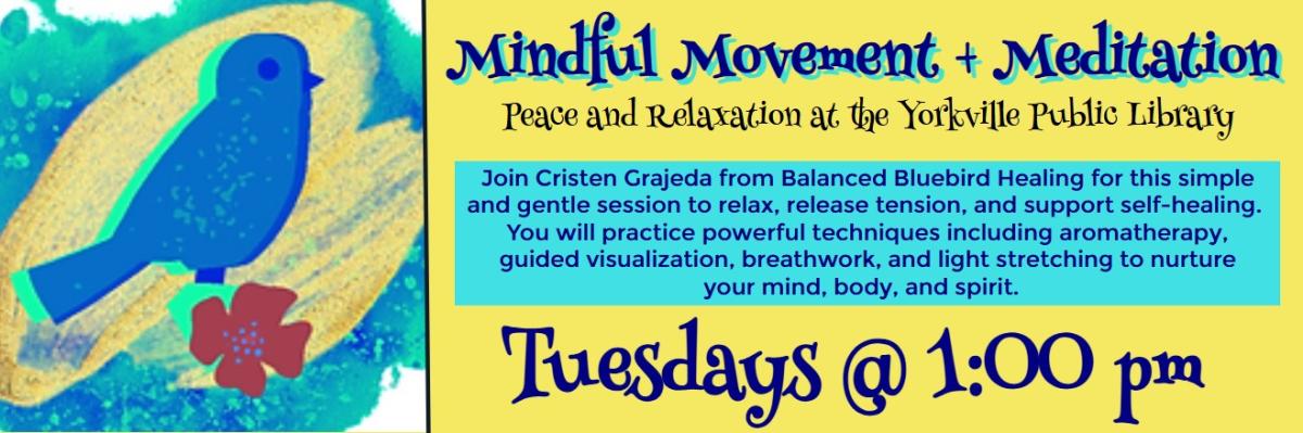 Painting of a blue bird with a red flower with the text about this program.